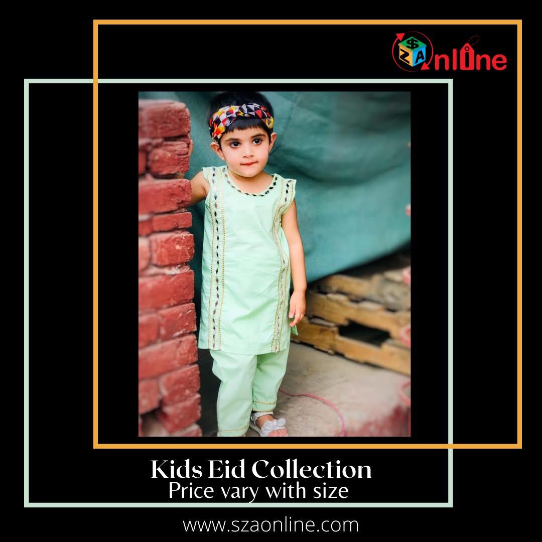 Mint Green Festive Eid Dress For girls in cotton stuff (size 1-5year)