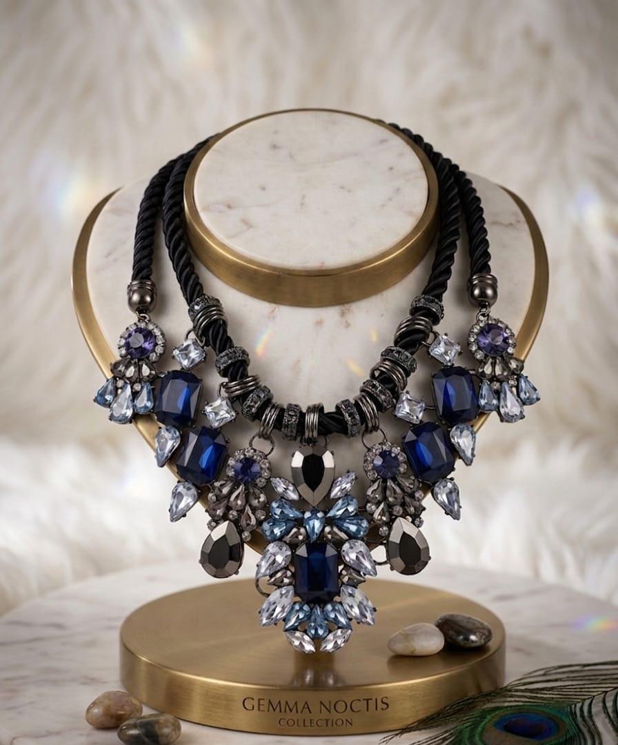 Luxury Blue & Smoke Crystal Statement Necklace for Parties and Weddings