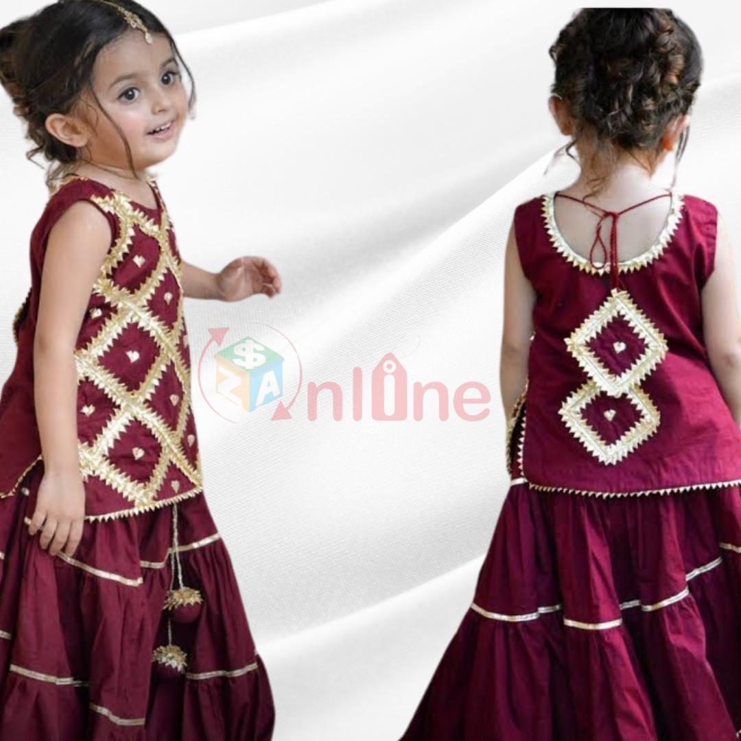 Short kurti with flayered Lehnga in solid maroon color with gotta embroidery