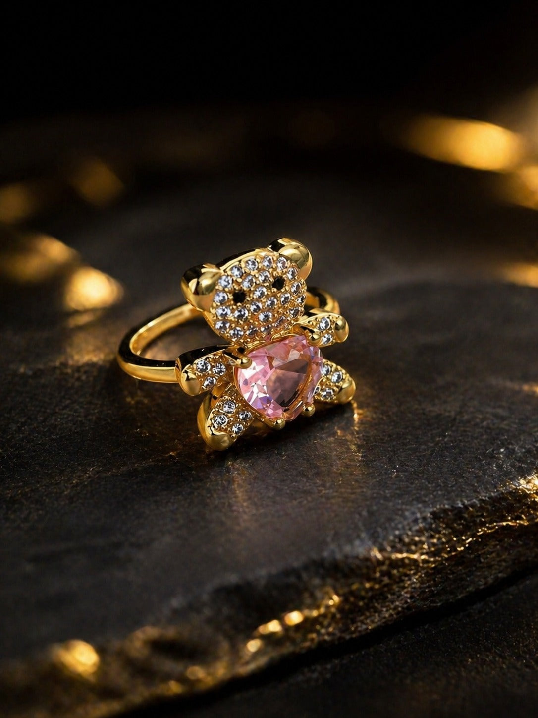 Adorable Sparkling Teddy Bear Heart Ring