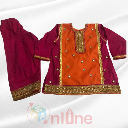 Traditional kurti and farshi shalwar with mirror embroidery